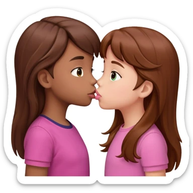 two 5 year old gals about to kiss on the lips, lips extremely close but not touching, pink shirts, long brown hair sticker