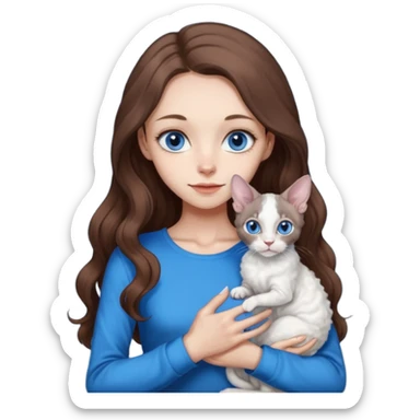 beautiful skinny girl with long brown hair and blue eyes in dark long sleeve is holding a devon rex white cat with blue eyes. the colors of cat’s and girl’s eyes are the same.  sticker