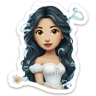Pretty young Lady doll posing posed pose with long black hair flowers in hair white dress surrounded by flowing water water swirls waves sticker