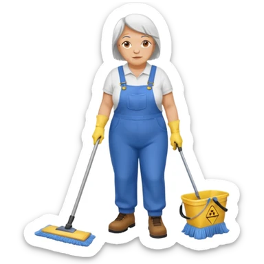 old and fat women, Custodian with yellow rubber gloves, white T-shirt, blue overalls, mopping floor sticker