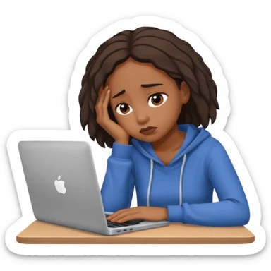 Create an emoji of a tired girl of african american descent, sitting at a laptop, looking exhausted and frustrated. They have slouched posture, representing overwork and burnout. sticker