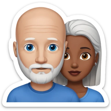 Talk bald white man with a white beard and blue eyes lovingly holding a black woman with brown eyes and grey hair sticker
