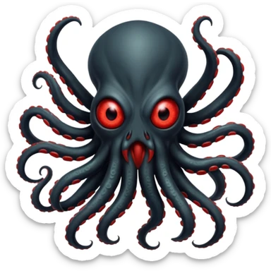 aggressive 8-tentacled black cyclops alien emoji, black body, one big evil red eye in the middle, lunging forward with tentacles, no arms or legs, match attached references sticker