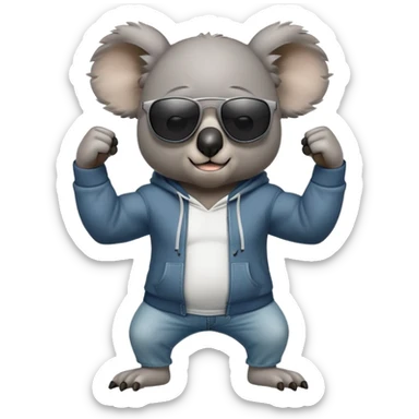 anthropomorphised koala, full body, wearing a hoodie and jeans, dark sunglasses, flexing muscles sticker