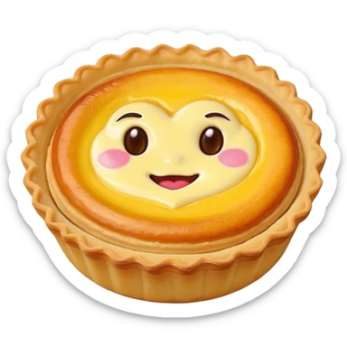Hong Kong egg tart with flaky crust and yellow custard filling, heart eyes sticker