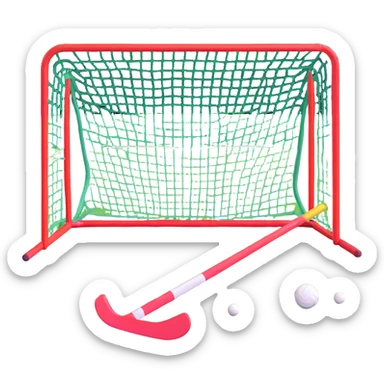 field hockey equipment on lush green pitch with goal in background sticker