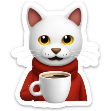 a red man wearing a snowman head drinking coffee petting a cat sticker