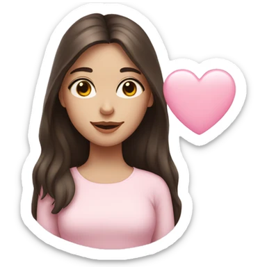 Brunette girl, white skin, holding a small pale pink heart  sticker