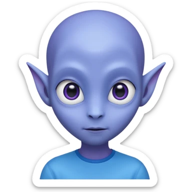 Portrait of an cute alien with smooth purple-blue skin, large black oval eyes, small nose, and visible ears, elongated head, front-facing, wearing blue t-shirt, soft glow, simple futuristic design sticker
