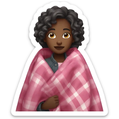 black girl with wavy long hair wrapped up in a pink plaid blanket  sticker