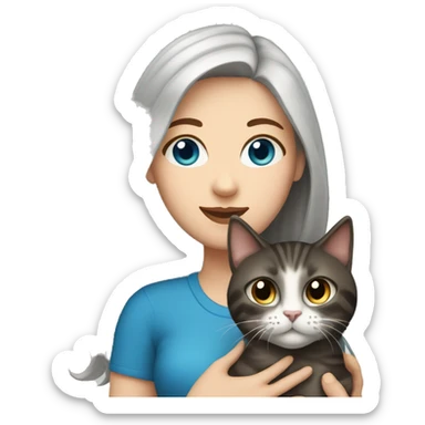 White Woman with blue eyes and long dark hair holding a tabby cat sticker