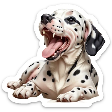 Cinematic Cute Yawning Spotted Dalmatian Portrait Emoji, Head tilted slightly with a dramatic, wide-open yawn, showcasing a smooth Fur of predominantly white with bold black patches, floppy ears slightly drooping, round eyes barely open in drowsy contentment, Simplified yet irresistibly adorable features, highly detailed, glowing with a soft, cozy glow, high shine, relaxed yet expressive, stylized with a touch of whimsy, bright and endearing, soft glowing outline, capturing the essence of a sleepy yet affectionate guardian, so drowsy it feels like it could stretch out of the screen and curl up for a nap! sticker