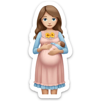 Beautiful Woman with Blue eyes, and long flowing almond brown hair and a light peachy tan skin tone, standing in a relaxed pose holding her visible baby bump,in frilly buttercream colored babydoll sundress  sticker