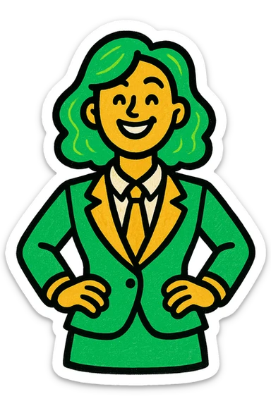 woman in a suit, professional style, green gold and white color scheme, bold and clear, suitable for digital use sticker