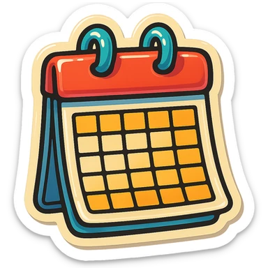 retro sticker-style image of a wall calendar with a visible month grid, bold outlines, juicy colors, expressive shadows and highlights, playful and glossy look sticker