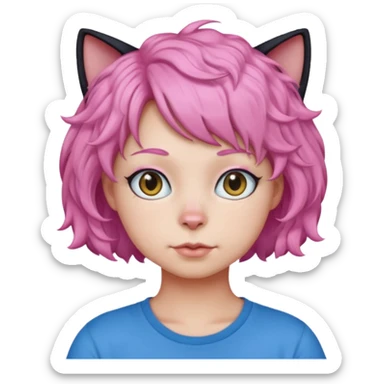 a Black cat wearing a short curly pink hair wig, blue T-shirt sticker