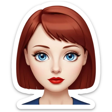 Creative 40-something woman with fair skin, oval face, striking blue eyes with dark eyeliner, thin eyebrows, small nose, full lips with bright red lipstick, dark auburn hair with straight bangs, slight age lines, wearing an elegant black blouse, artistic expression sticker