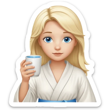 angelic blonde girl with middle length hair and blue eyes holds a cup in a robe sticker