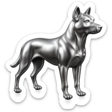               Apply a high-end, photorealistic metallic chrome material to the provided {subject}. The material should have a smooth, slightly curved surface with subtle reflections and soft shadows, resembling brushed or polished silver metal. Preserve the exact shape, proportions, and design of the original object. Set it against a solid black background (#000000) in 8K resolution. The lighting should enhance the beveled edges and reflective highlights, creating a sleek, premium finish. {subject} = dog sticker