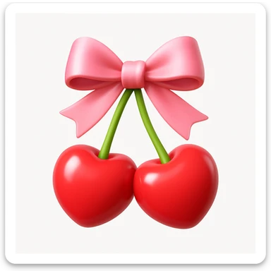 3D iOS style emoji of two cherries tied together with a pink bow, as if they were a gift. The cherries should have a glossy, vibrant appearance with a slight shine to give them a realistic yet stylized look. The stems of the cherries should be visible and green, adding a touch of realism. The bow should be neatly tied, with its ribbons flowing naturally. The overall image should convey a sense of cuteness and celebration. sticker