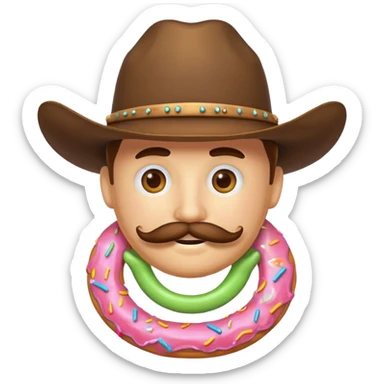donut with a cowboy hat and mustache smiling, fun emoji style sticker