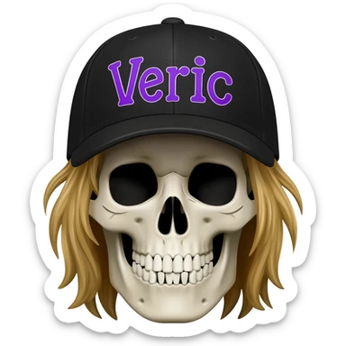 Create a skeleton head wearing a black baseball cap that says "Veric" in purple lettering, with long dirty blonde hair sticker