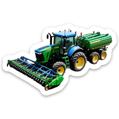 Bourgault 3420 Paralink Hoe Drill (2022) – Cinematic-realistic John Deere 6155M tractor hauling a Bourgault 3420 Paralink Hoe Drill, its powerful green frame pulling the vast blue seeder across endless fields. The machine plants seeds with pinpoint accuracy, leaving precise rows in the rich brown soil,  sticker