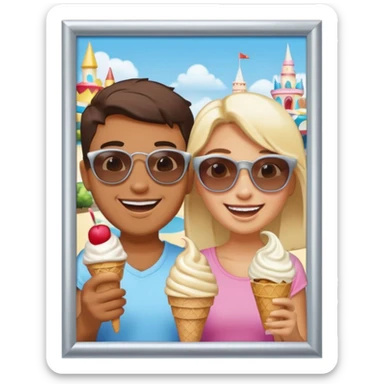 a photo in a silver frame, of 2 friends in a theme park sticker