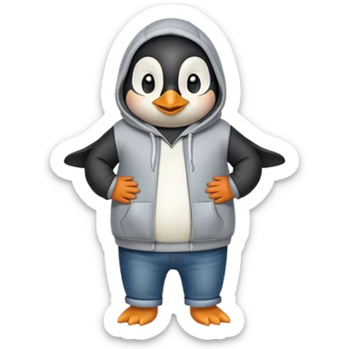 friendly anthropomorphised penguin in a hoodie and jeans standing with arms folded, smiling sticker