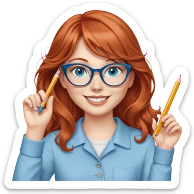 redheaded woman with very long wavy hair and bangs, blue eyes, clear cat-eye glasses, casual chic outfit, holding a pencil, smiling, waving sticker
