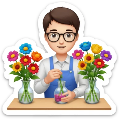 Young male florist – wearing glasses, arranging flowers in a vase. sticker