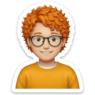 teen nerd orange hair boy curly orange hair wearing white shirt inside a yellow sweater with glasses  sticker