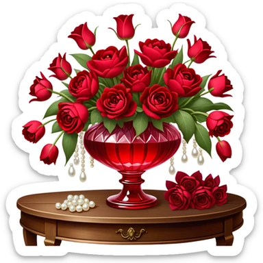 "A romantic still life of a crystal-clear red glass vase brimming with a lavish mix of scarlet roses, tulips, peonies, and silk-like pansies, with pearl-hued ribbons cascading gracefully over a vintage wooden table."
 sticker