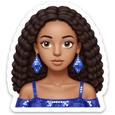 Solange with dark brown long hair, periwinkle sequin crop top, periwinkle earring sticker