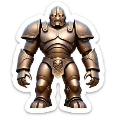 Cinematic Noble Mighty Iron Golem Portrait Emoji Poised and imposing, with a towering, metallic form forged from intricately detailed plates of burnished steel and ancient bronze, etched with faint traces of runes and weathered marks of time. Its piercing, glowing eyes radiate unwavering resolve, casting a solemn and commanding presence; rendered with lifelike texture and natural metallic highlights, high shine, elegant yet indomitable, styled with an aura of legendary endurance, focused and resolute, soft glowing outline, capturing the essence of an eternal guardian, standing vigilant and immovable as if ready to awaken at any moment with unstoppable might! sticker