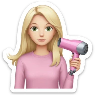 blonde woman with long hair, pale green eyes, beige sweater, holding a pink Dyson hair dryer, iOS emoji style sticker