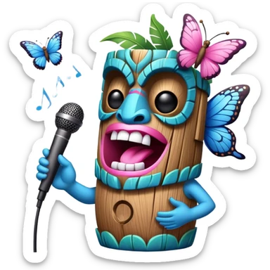 Cartoon Blue and pink tiki singing with butterfly and in the mikrophone sticker