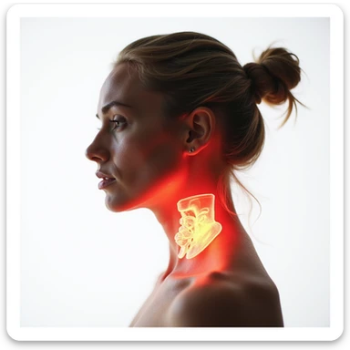 woman profile view, thyroid highlighted in red on the neck, fatigued expression, anatomical focus on thyroid, hyperrealism, 4K, white background sticker