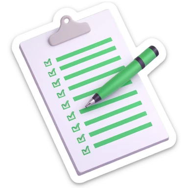 3D style isometric to-do list with green check marks for every item, pen on the side, clean and modern look sticker