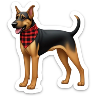 75% Coonhound 25% German Shepherd mix dog wearing small pointed red buffalo plaid bandana pointing down side view full body facing left sticker
