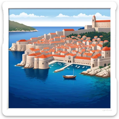 Dubrovnik – Cinematic Realistic Dubrovnik, depicted as a stunning coastal city with red-tiled roofs and ancient stone walls, set against the deep blue Adriatic Sea under warm Mediterranean light, rendered with rich textures that capture its enchanting beauty. sticker