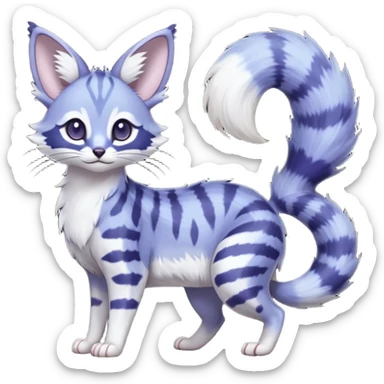  dull-colored gloomy-dark-deep-grayish-indigo-violet-gradients ghostly spectral spooky fur with random dark markings beautiful elegant pretty precious cute  Fakémon-Pokémon-opossum-feline-serval-caracal-chinchilla-Minccino-hybrid-creature with a big fluffy bushy striped tail (full body) sticker