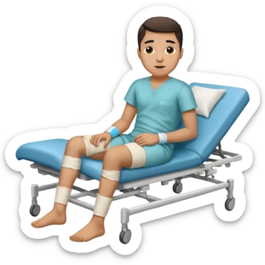 Hispanic young man with a broken leg, showing bandages, in a hospital sticker