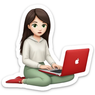 Long dark brown haired, white skinned, dark green eyed girl in white clothes girl sitting in macbook with a red case and watching to macbook sticker