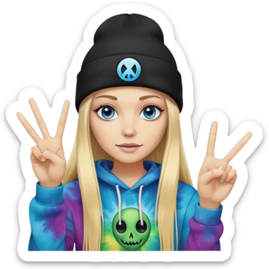 White woman with long blonde straight hair and blue eyes with long eyelashes and tiedye hoodie. i would like for her to be doing a peace sign with one hand and be wearing a black beanie with an alien face on it sticker