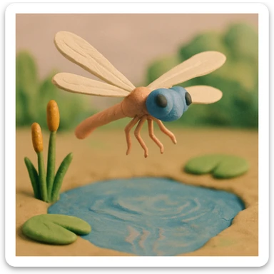 claymation style dragonfly hovering above a pond, soft pastel colors, visible wings and water reflections sticker
