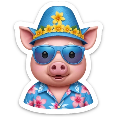 Pig with blue aloha shirt, birthday hat, sunglasses sticker