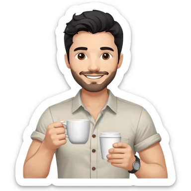 Casual portrait of a 35-year-old man with black wavy hair, stubble, strong jawline, white skin tone, wearing casual button-up shirt with rolled sleeves, holding coffee cup, friendly approachable smile, relaxed confident pose for social media sticker