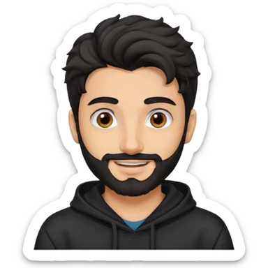 young fair skin pakistani guy smiling with black beard, wavy hair pushed back and brown eyes and big eyebrows, wearing black hoodie sticker