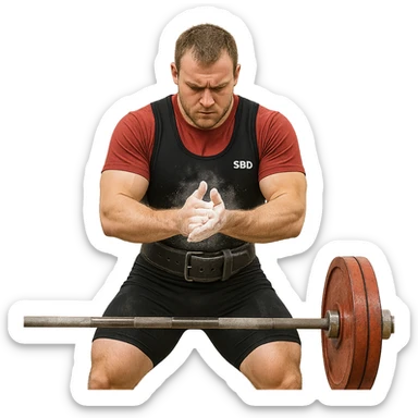 European powerlifter in competition, preparing with chalk on hands, focused look, barbell in front, tense atmosphere, isolated on white background sticker